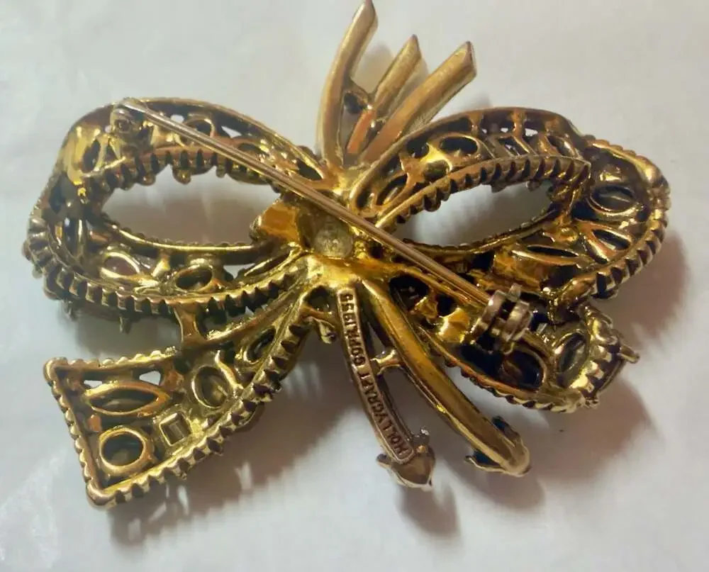 Vtg Pastel Crystal Rhinestone Hollycraft Bow Brooch 2.25 x 2